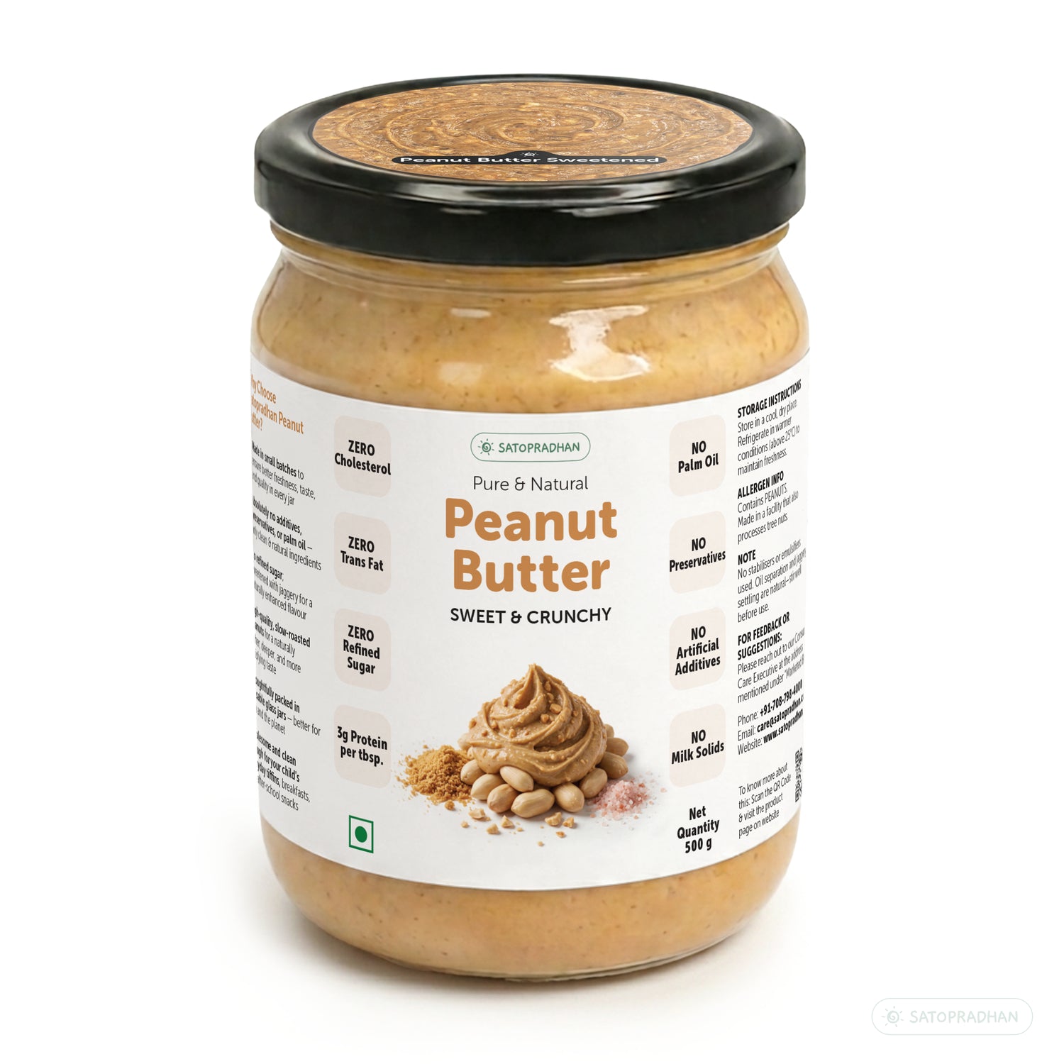 Crunchy Peanut Butter with Jaggery 500g - No Refined Sugar - No Palm Oil - Natural Spread - Satopradhan