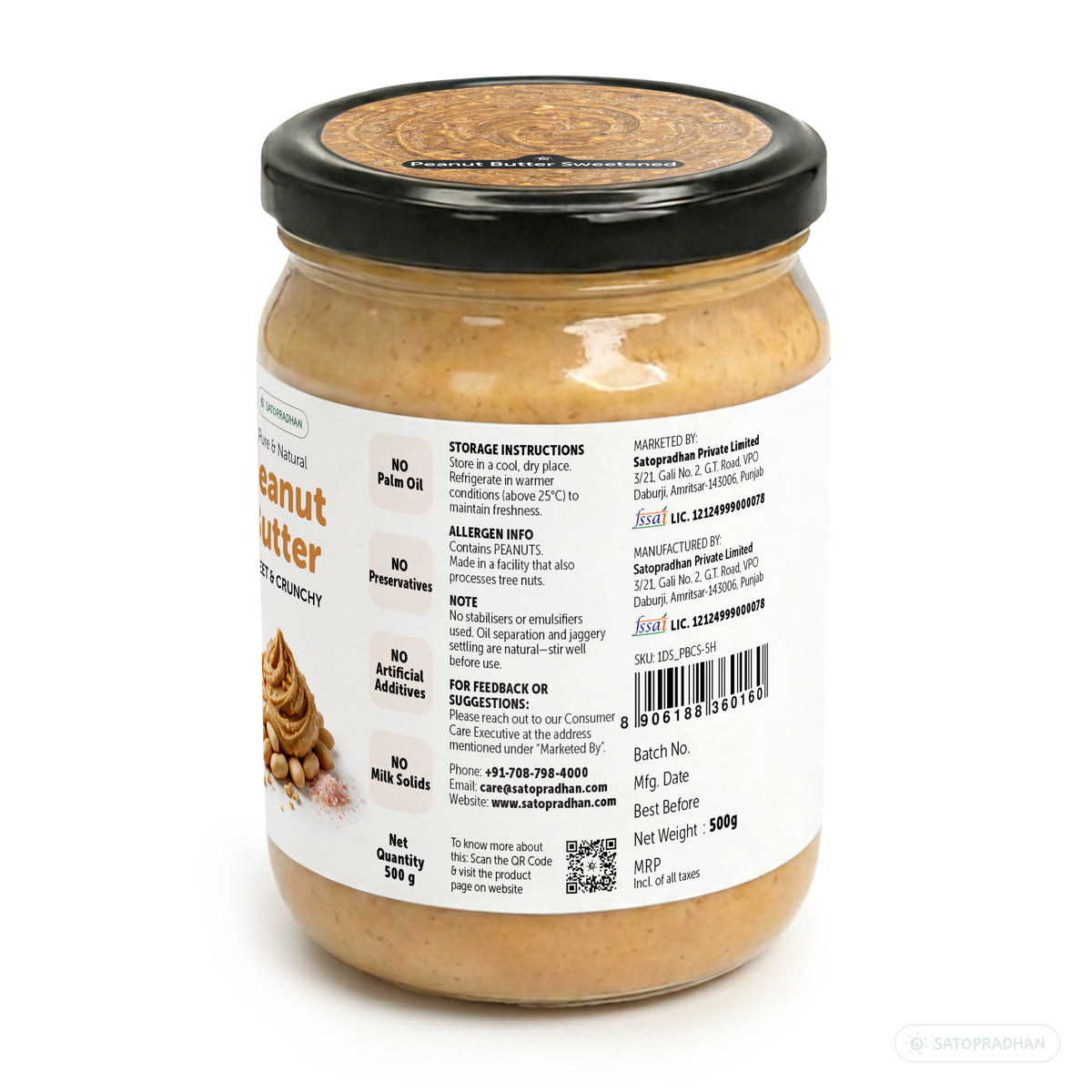 Crunchy Peanut Butter with Jaggery 500g - No Refined Sugar - No Palm Oil - Natural Spread - Satopradhan