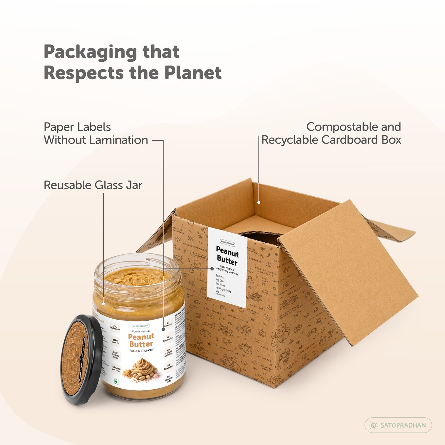 Crunchy Peanut Butter with Jaggery 500g - No Refined Sugar - No Palm Oil - Natural Spread - Satopradhan
