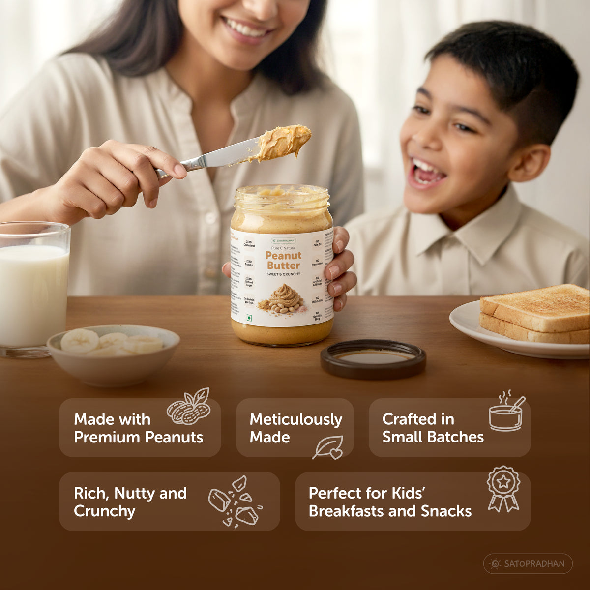 Mother serving organic peanut butter to child at breakfast