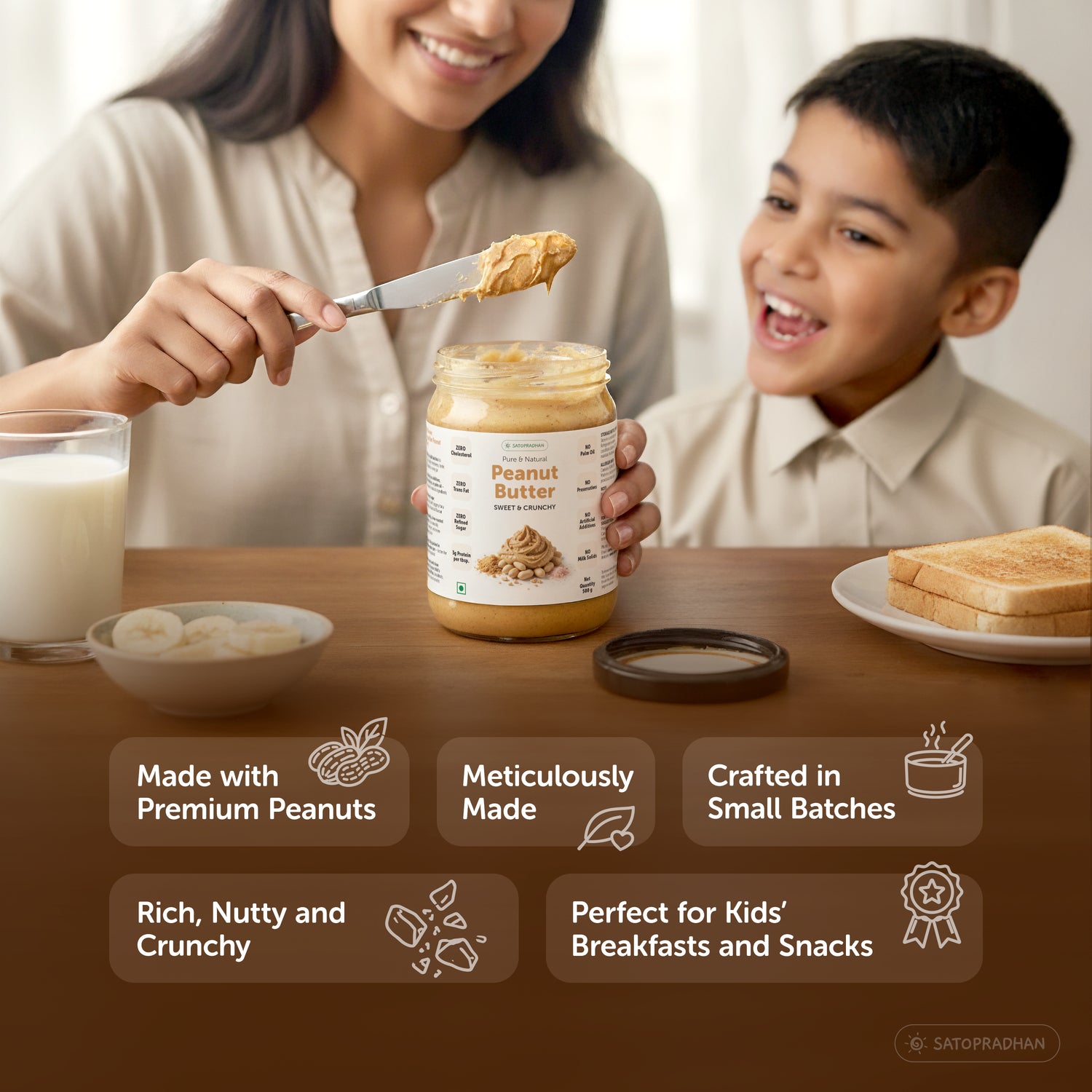Mother serving organic peanut butter to child at breakfast
