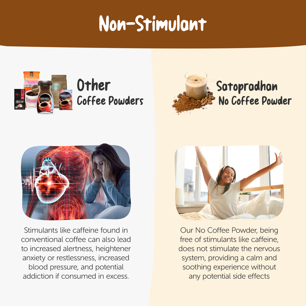 satopradhan no coffee powder is non stimulant where regular coffee caffeine stimulant which effects on brain, bp etc.