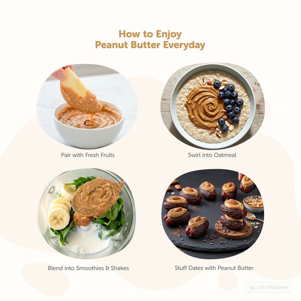Satopradhan peanut butter ideas for everyday meals, including fruit, oatmeal, smoothies, shakes, energy bites, and desserts.