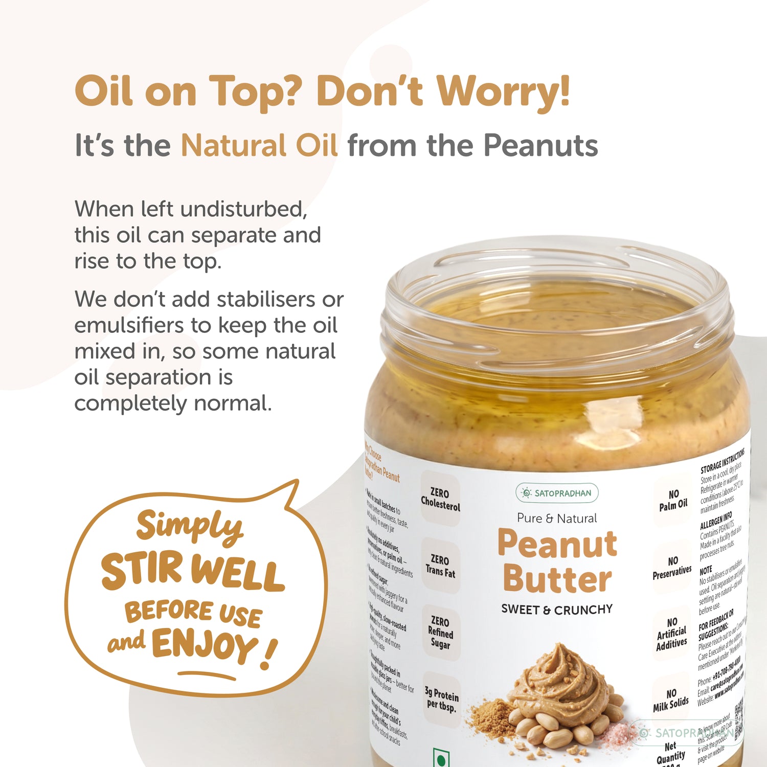Satopradhan peanut butter with natural peanut oil separation on top, showing that the oil may rise naturally when left undisturbed.