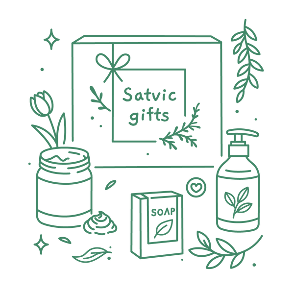 Illustrations of natural products and 'Sativic gifts' packaging on a white background