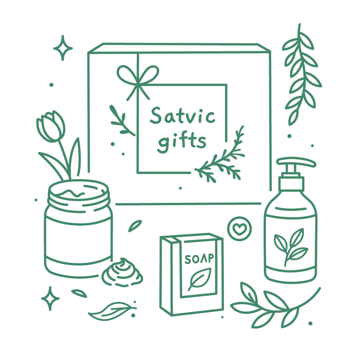 Illustrations of natural products and 'Sativic gifts' packaging on a white background