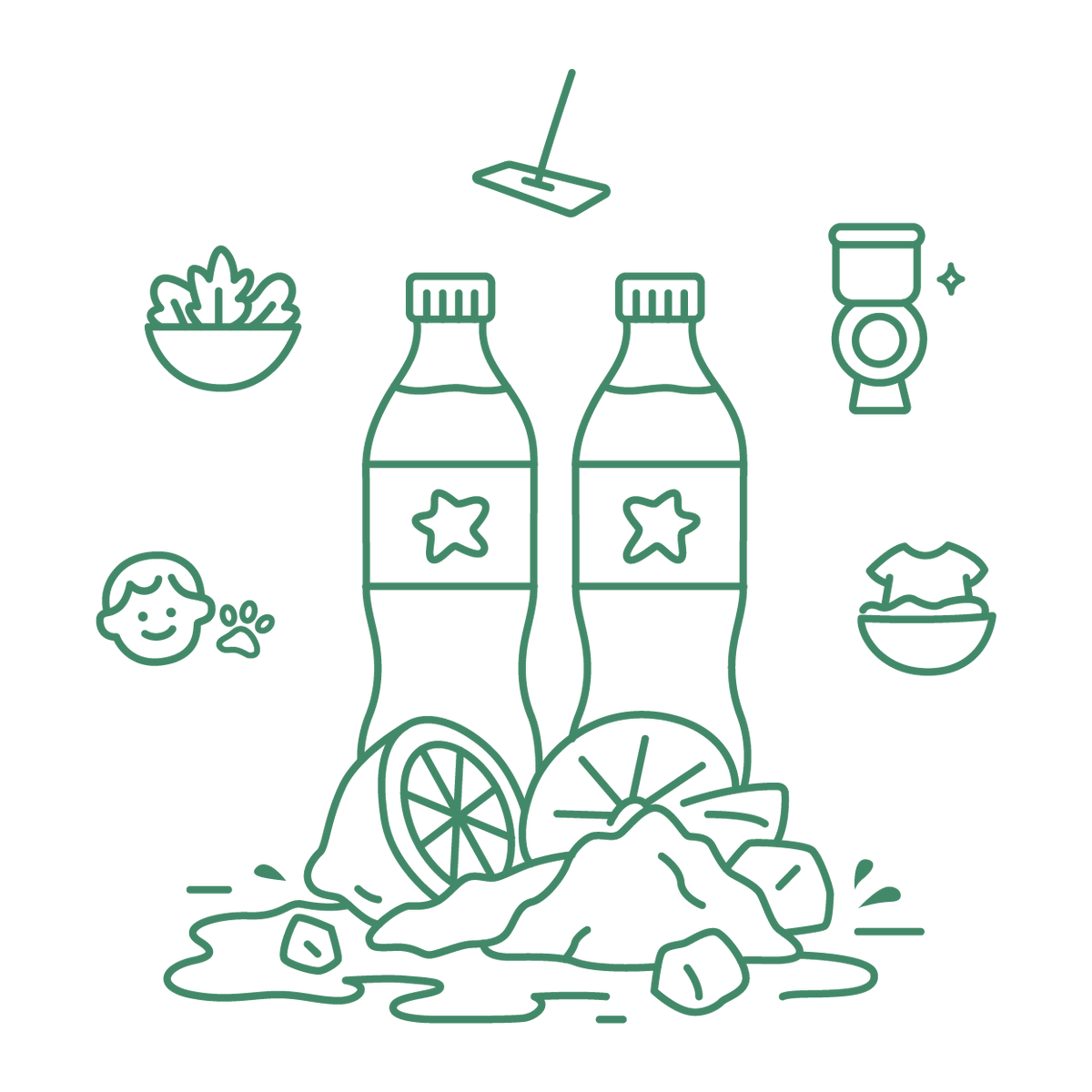 Illustration of two eco friendly cleaner bottles with a star logo, a wheel, and various icons on a white background.