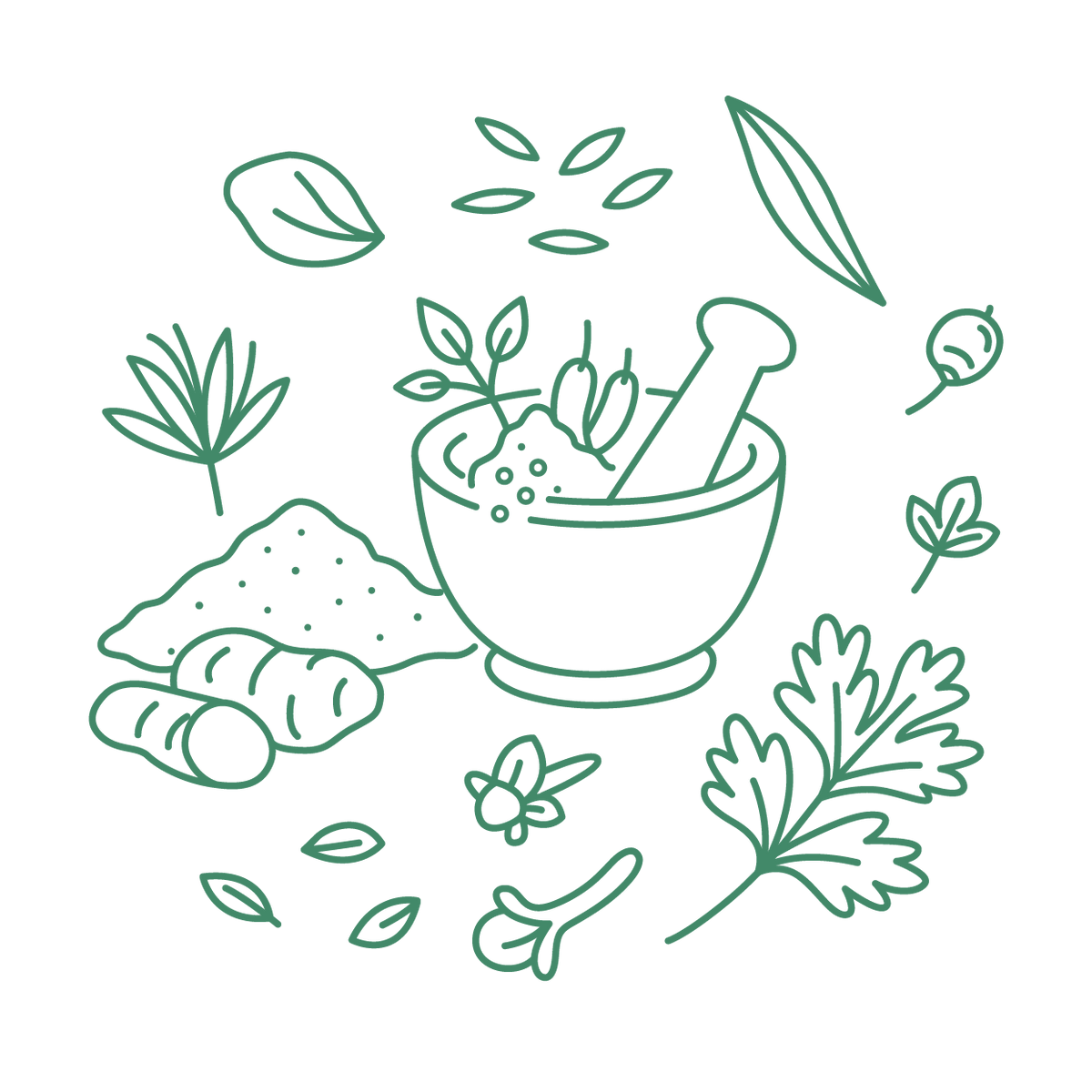 Illustration of a mortar and pestle with organic herbs and spices on a white background