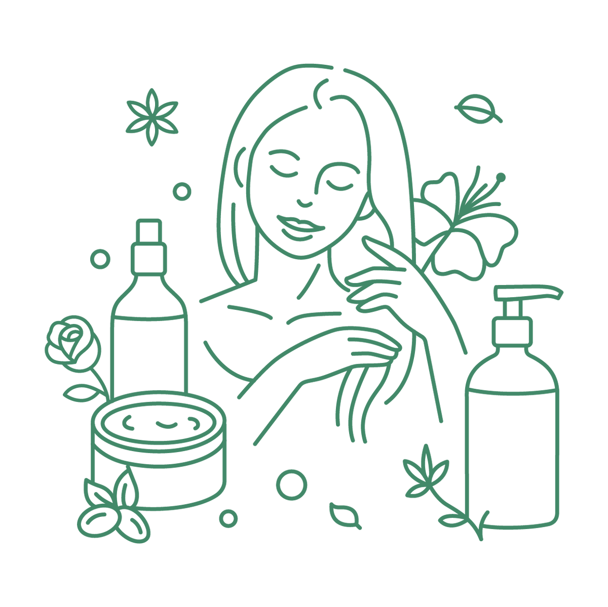 Outline illustration of a woman applying shampoo with skincare products and flowers around her.