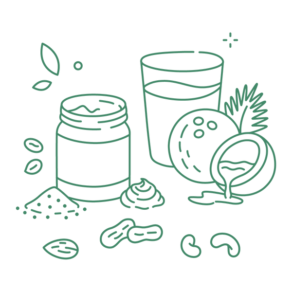 Illustration of a jar, glass of plant based milk, nuts, plant based butter, coconut on a white background