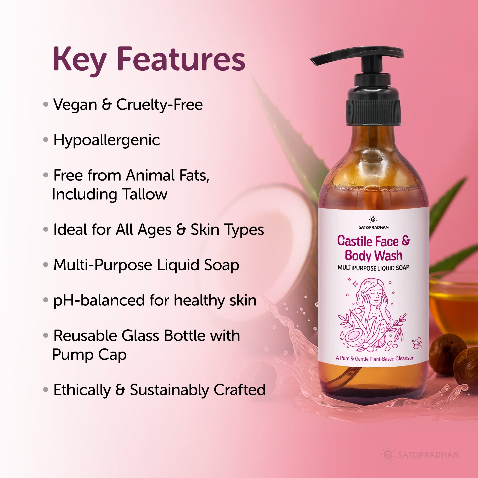 Castile Face & Body Wash – 200ml Natural, Organic, Pure & Vegan Liquid Soap – Gentle & Multi-Purpose Cleanser– Ideal for Sensitive, Dry & Acne-Prone Skin – Eco-Friendly, Hypoallergenic & Non-Comedogenic, Key Values, main Features, benefits, points