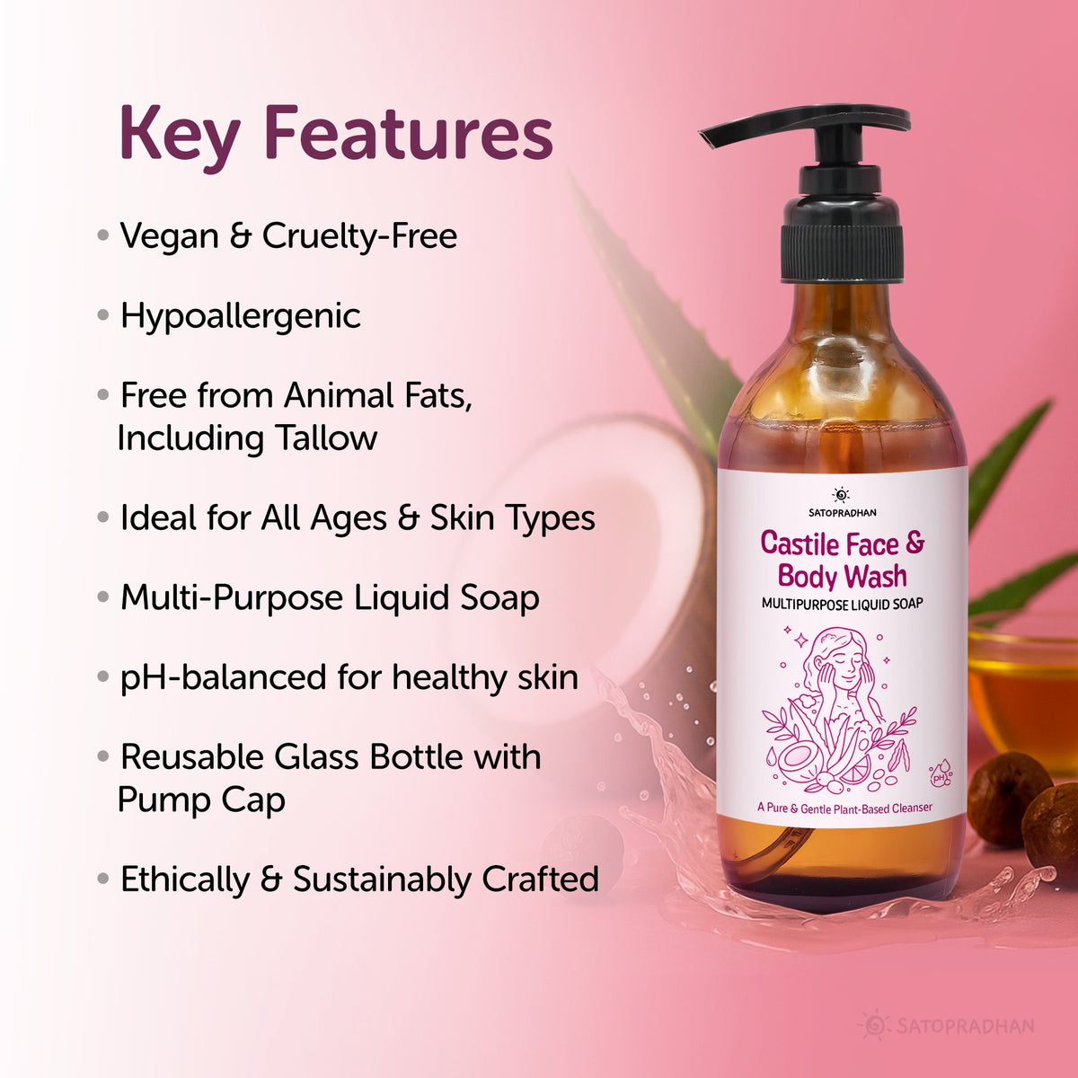 Castile Face & Body Wash – 200ml Natural, Organic, Pure & Vegan Liquid Soap – Gentle & Multi-Purpose Cleanser– Ideal for Sensitive, Dry & Acne-Prone Skin – Eco-Friendly, Hypoallergenic & Non-Comedogenic, Key Values, main Features, benefits, points