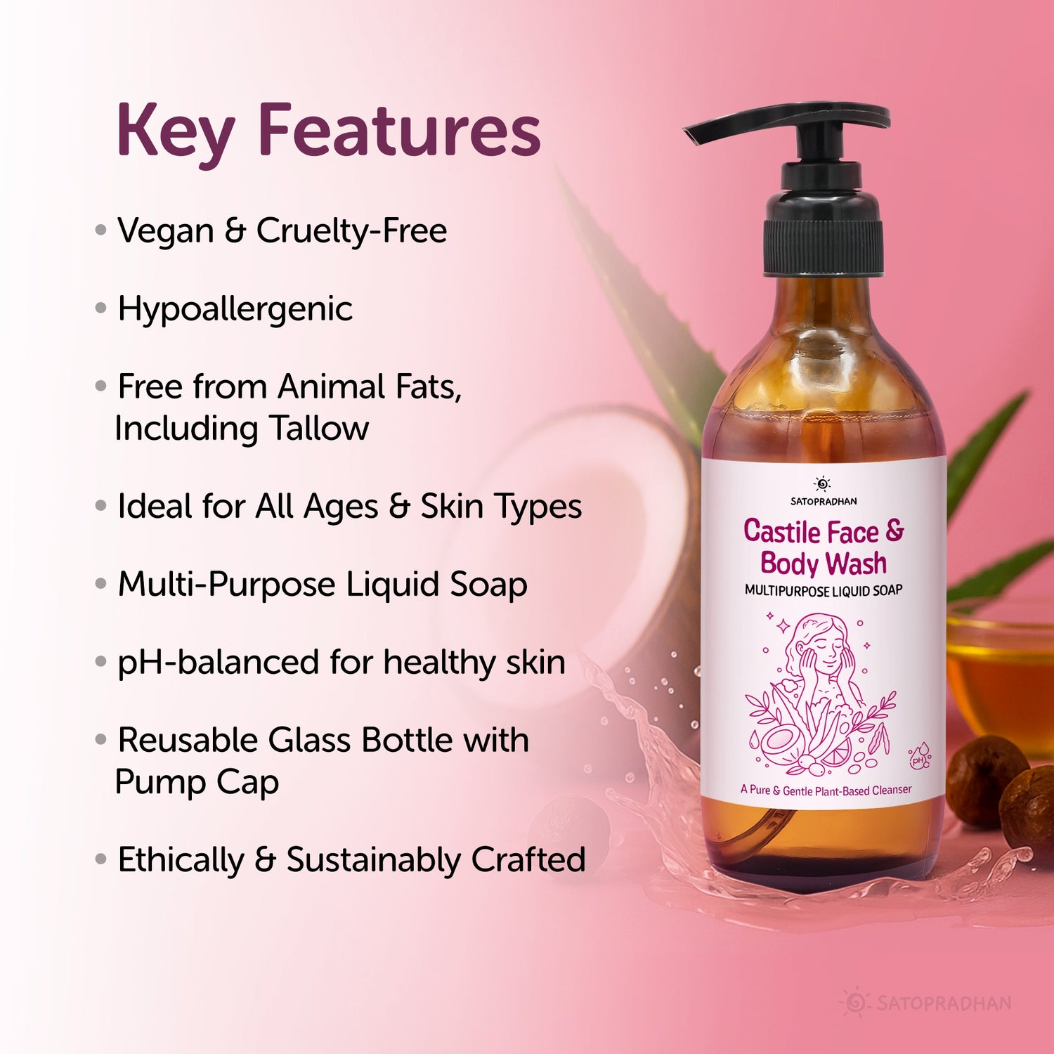 Castile Face & Body Wash – 200ml Natural, Organic, Pure & Vegan Liquid Soap – Gentle & Multi-Purpose Cleanser– Ideal for Sensitive, Dry & Acne-Prone Skin – Eco-Friendly, Hypoallergenic & Non-Comedogenic, Key Values, main Features, benefits, points