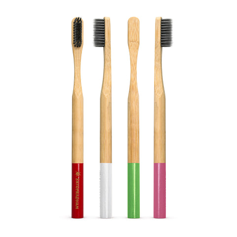 Set of 4 Bamboo Toothbrushes - Bamboo Handles & Gentle Dual Layer Bristles- Colored markings for easier identification