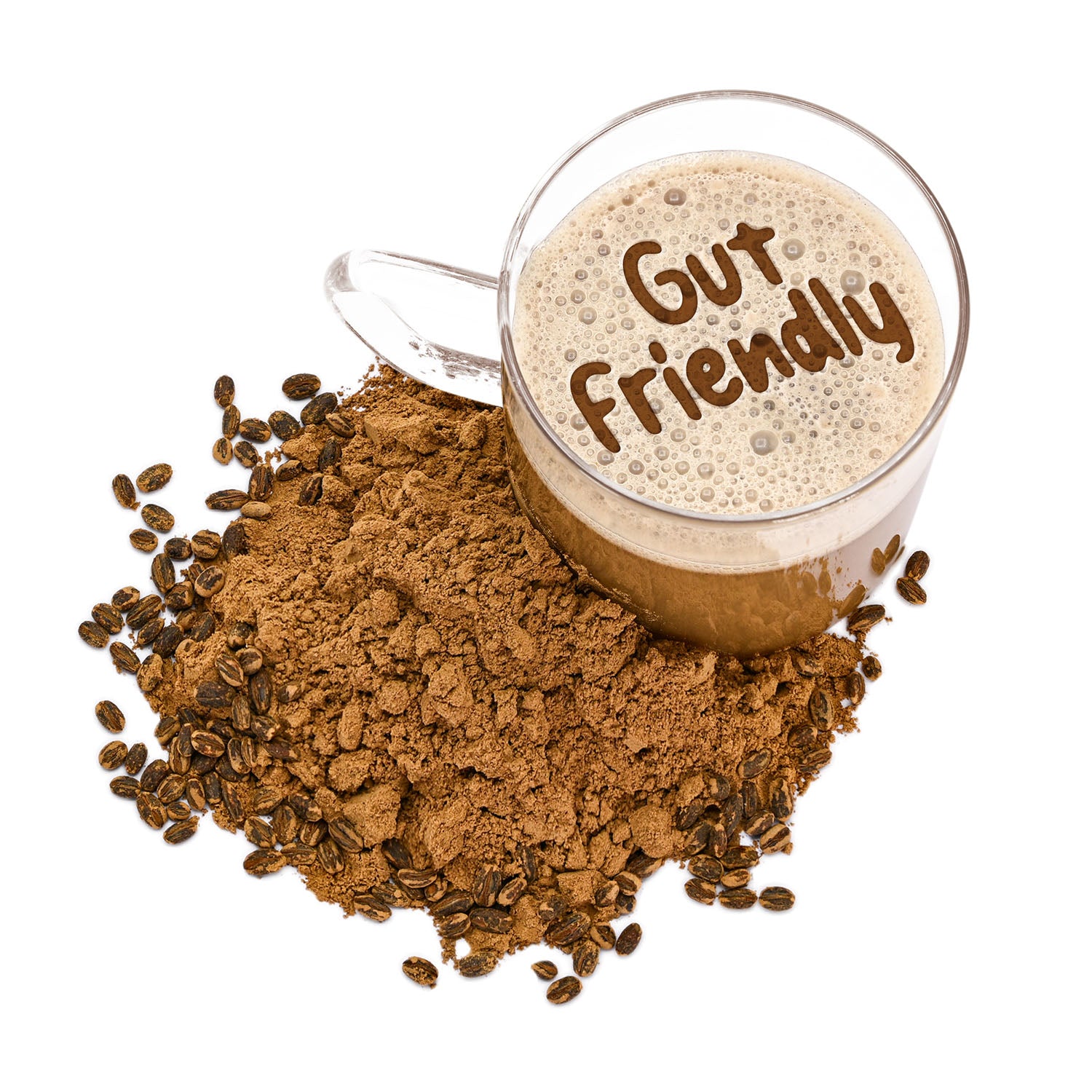 Glass of caffeine free coffee with 'Boosts Immune System' text, surrounded by coffee grounds and beans on a white background