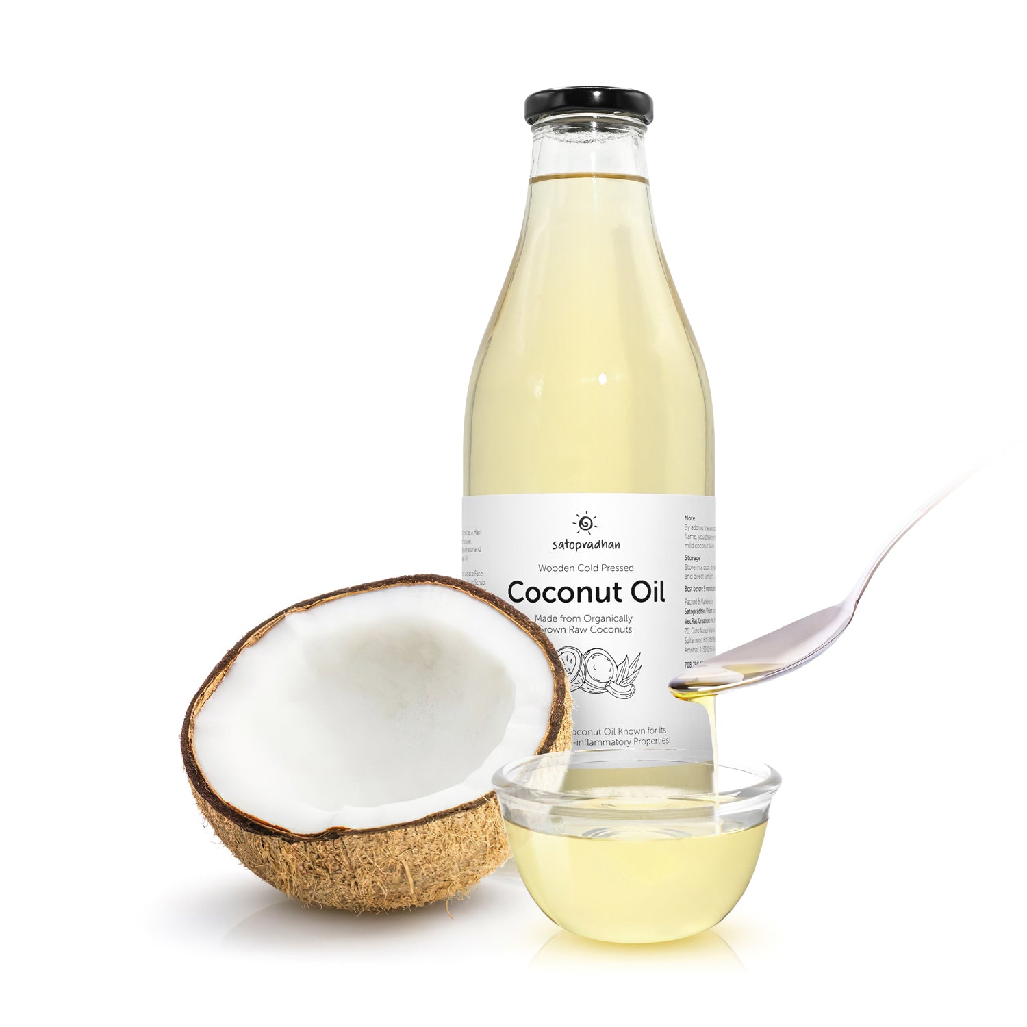 Coconut Oil - 100% Organic, Virgin & Wooden Cold-pressed 1000ml Multipurpose Oil Without Chemicals in a Reusable Glass Bottle (Kachi Ghani) - Satopradhan