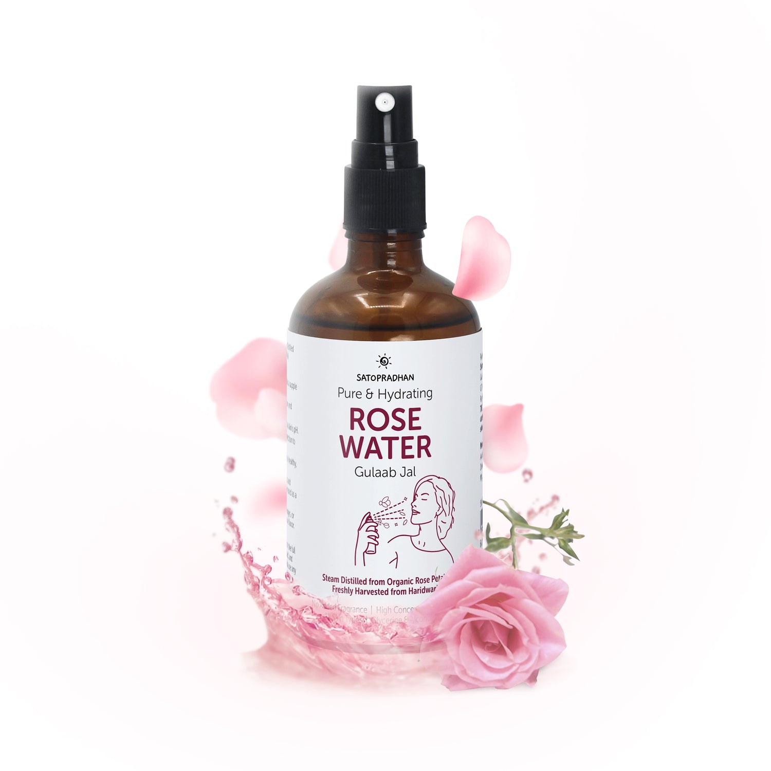 Pure rose water hydrosol, organic floral water for pore reduction, toning, hydration, and sensitive skin care, steam distilled face mist spray