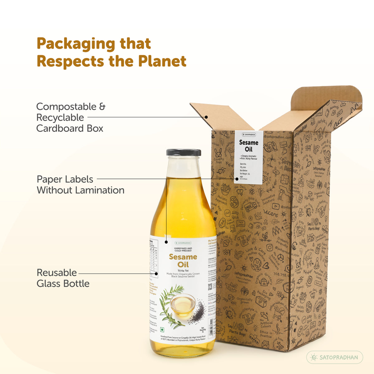 Sesame/Gingelly Oil 1000ml in reusable glass bottle - Pure & Wooden Cold-pressed without Chemicals - Extracted from Black Sesame Seeds | Meetha Tel