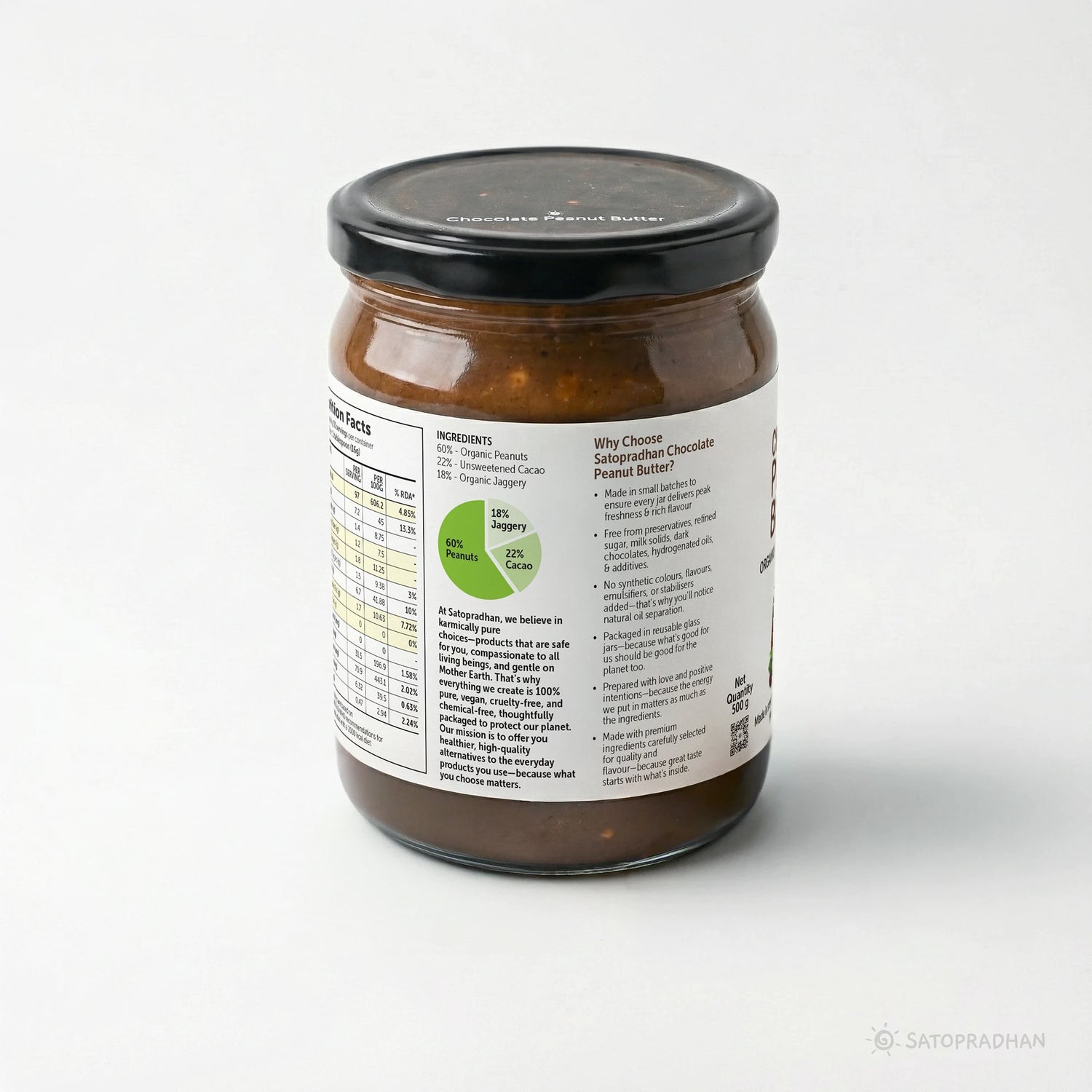 Chocolate Peanut Butter Crunchy 500g - Satopradhan Vegan, Pure & Organic Nut Butter