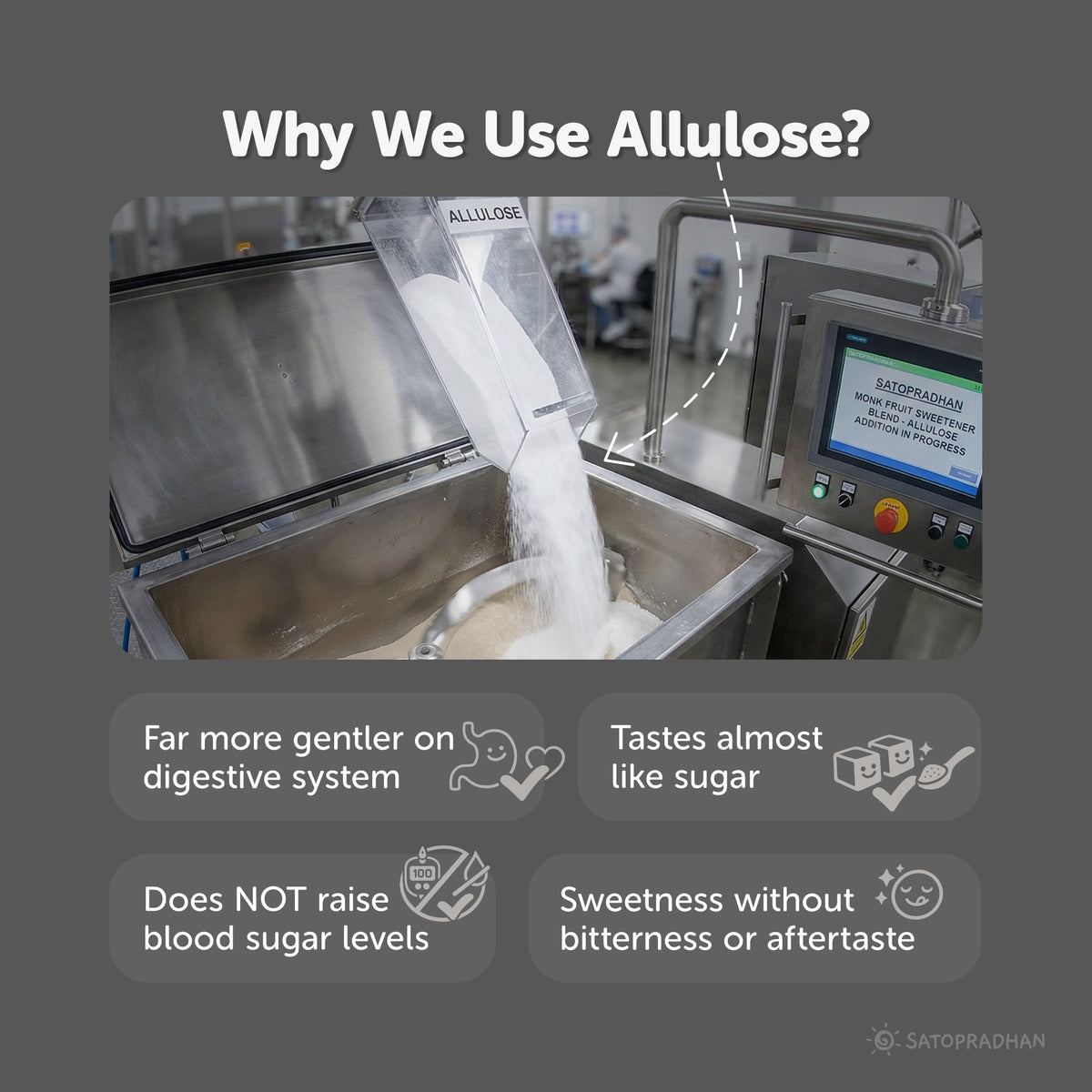 Monk Fruit Sweetener Powder with Allulose 450g - Plant-Based Sugar Substitute - Keto & Diabetic-Friendly - 1:2 Sugar Replacer, Machine processing a substance with text explaining the benefits of using Allulose.