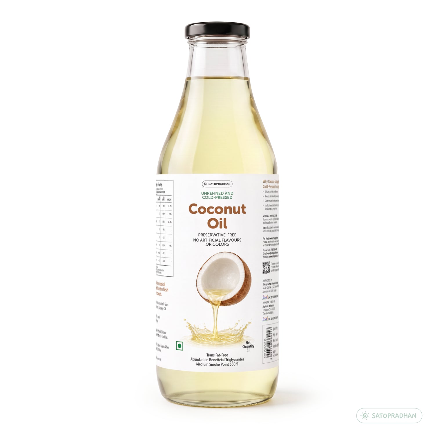 Coconut Oil - Wooden Cold-pressed- Choose from 1000ml or 500ml Multipurpose Oil Without Chemicals in a Reusable Glass Bottle (Kachi Ghani)