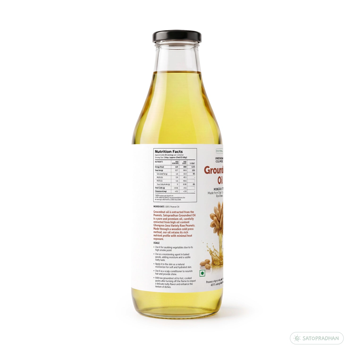 Organic Groundnut/Peanut Oil - Mungfali Ka Tel 1000 ml - Pure, Unrefined, Single-Filtered, Virgin & Wooden Cold-pressed | No Preservatives | Packed in a Reusable Glass Bottle | Kacchi Ghani