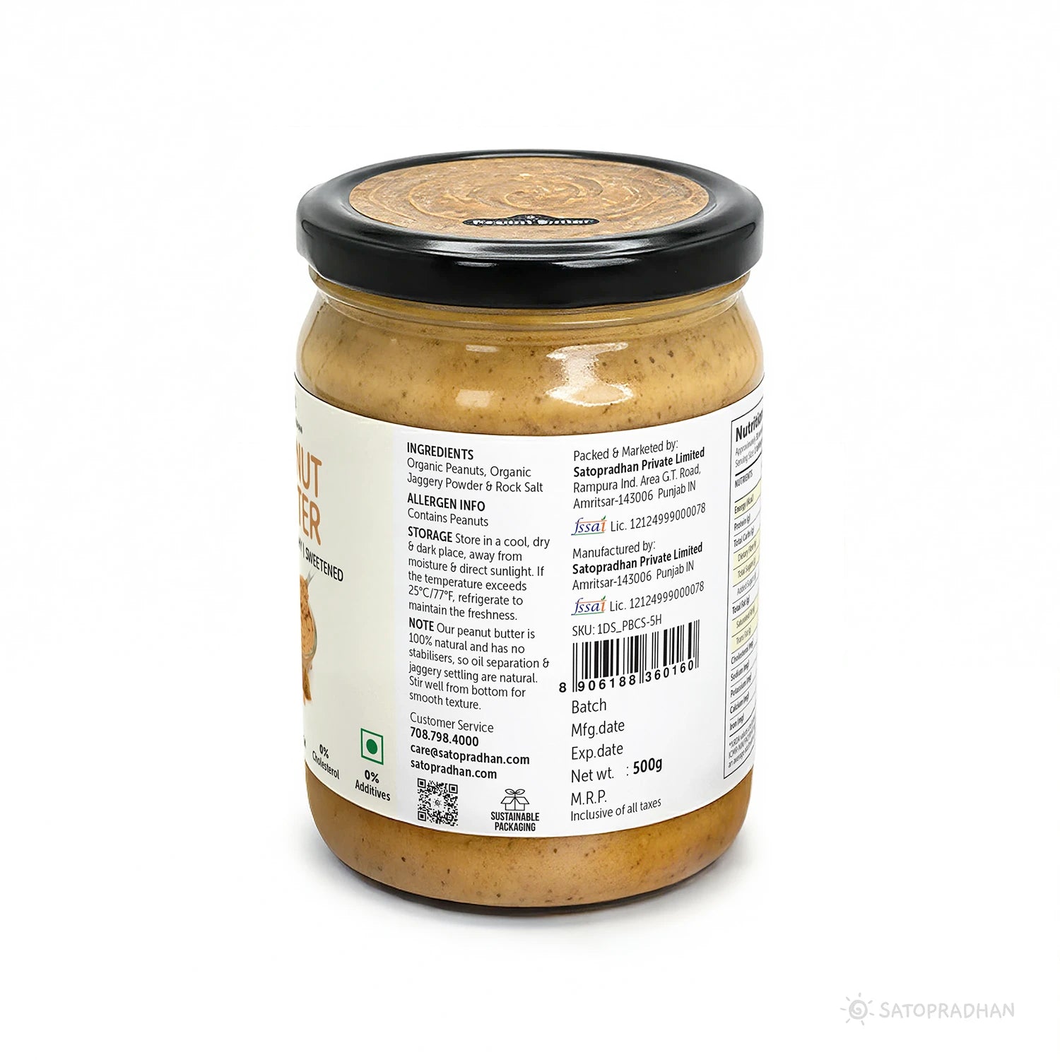 Natural Peanut Butter Crunchy 500g - Mildly Sweetened with Organic Jaggery Powder - All Natural, Gluten-Free, Organic, Healthy & Vegan - Ideal for Keto & Vegan Diets, Gym Goers, & Healthy Snacks