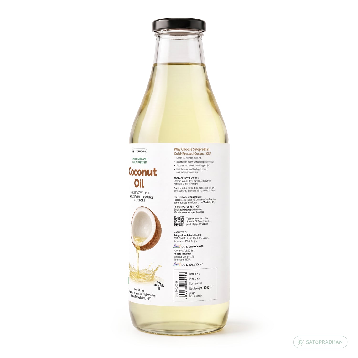 Coconut Oil - Wooden Cold-pressed- Choose from 1000ml or 500ml Multipurpose Oil Without Chemicals in a Reusable Glass Bottle (Kachi Ghani)