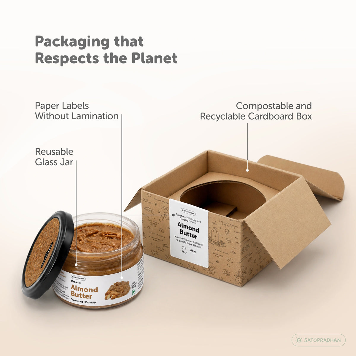 Organic Almond Butter Crunchy 200g - Sweetened with Jaggery - No Palm Oil - Roasted Almond Spread