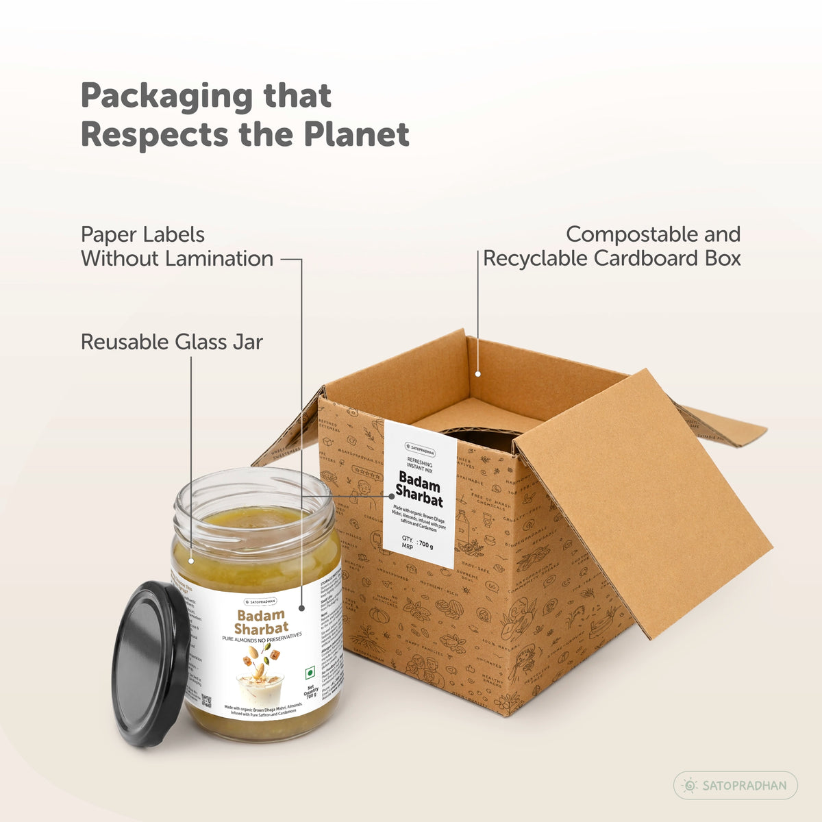Eco-conscious packaging of Badam Sharbat