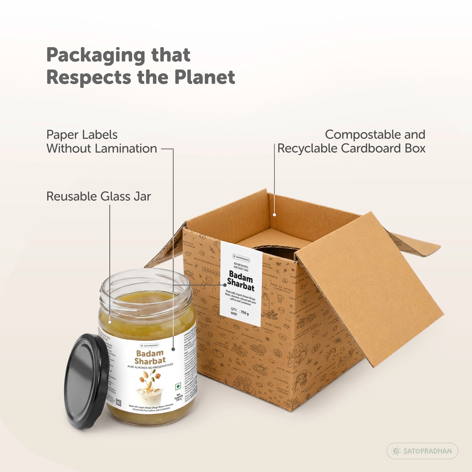 Eco-conscious packaging of Badam Sharbat