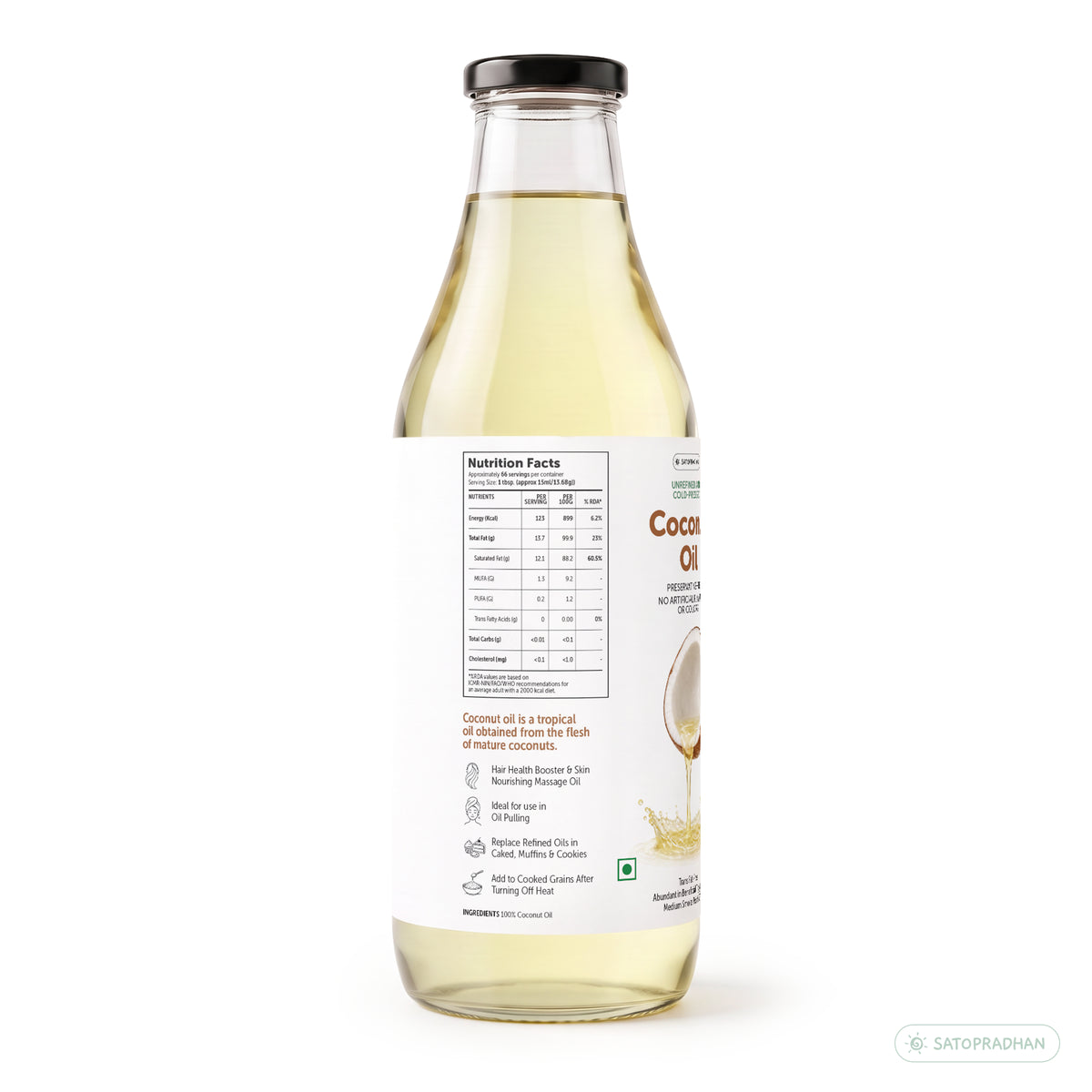 Coconut Oil - Wooden Cold-pressed- Choose from 1000ml or 500ml Multipurpose Oil Without Chemicals in a Reusable Glass Bottle (Kachi Ghani)