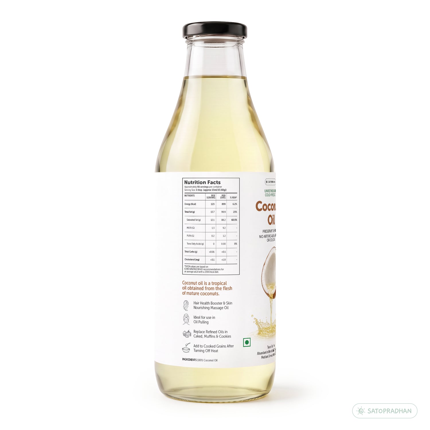 Coconut Oil - Wooden Cold-pressed- Choose from 1000ml or 500ml Multipurpose Oil Without Chemicals in a Reusable Glass Bottle (Kachi Ghani)