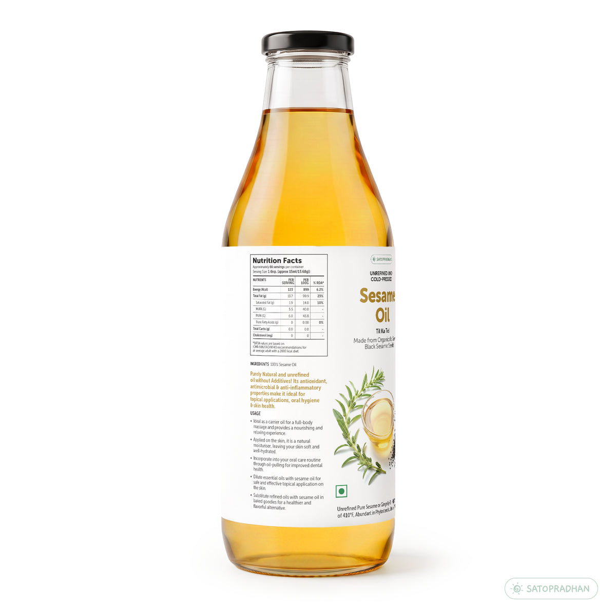 Sesame/Gingelly Oil 1000ml in reusable glass bottle - Pure & Wooden Cold-pressed without Chemicals - Extracted from Black Sesame Seeds | Meetha Tel