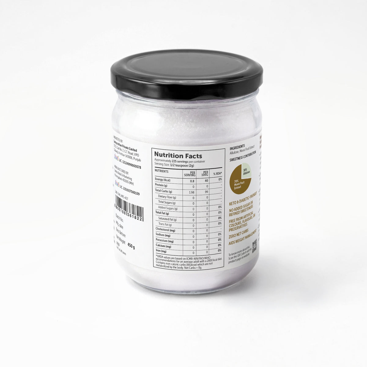 Monk Fruit Sweetener Powder with Allulose 450g - Plant-Based Sugar Substitute - Keto & Diabetic-Friendly - 1:2 Sugar Replacer