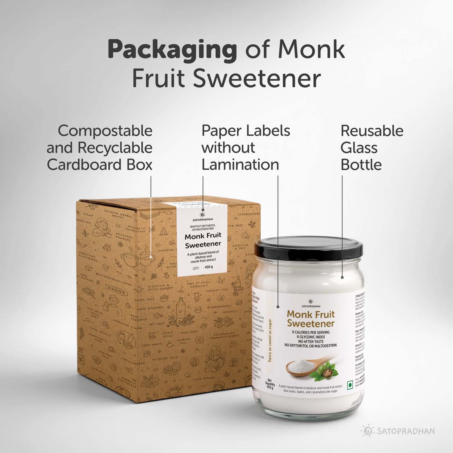Monk Fruit Sweetener Powder with Allulose 450g - Plant-Based Sugar Substitute - Keto & Diabetic-Friendly - 1:2 Sugar Replacer, Packaging, Eco-Packaging