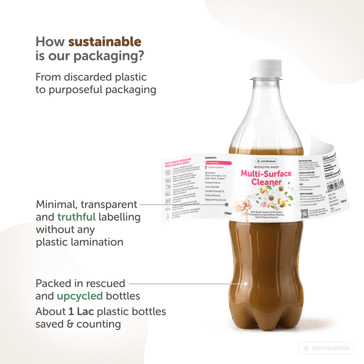 Plant-Based Multi-Surface Cleaner 750 ml - Bio-Enzyme All-Purpose Cleaning Spray - Chemical-Free Glass Cleaner