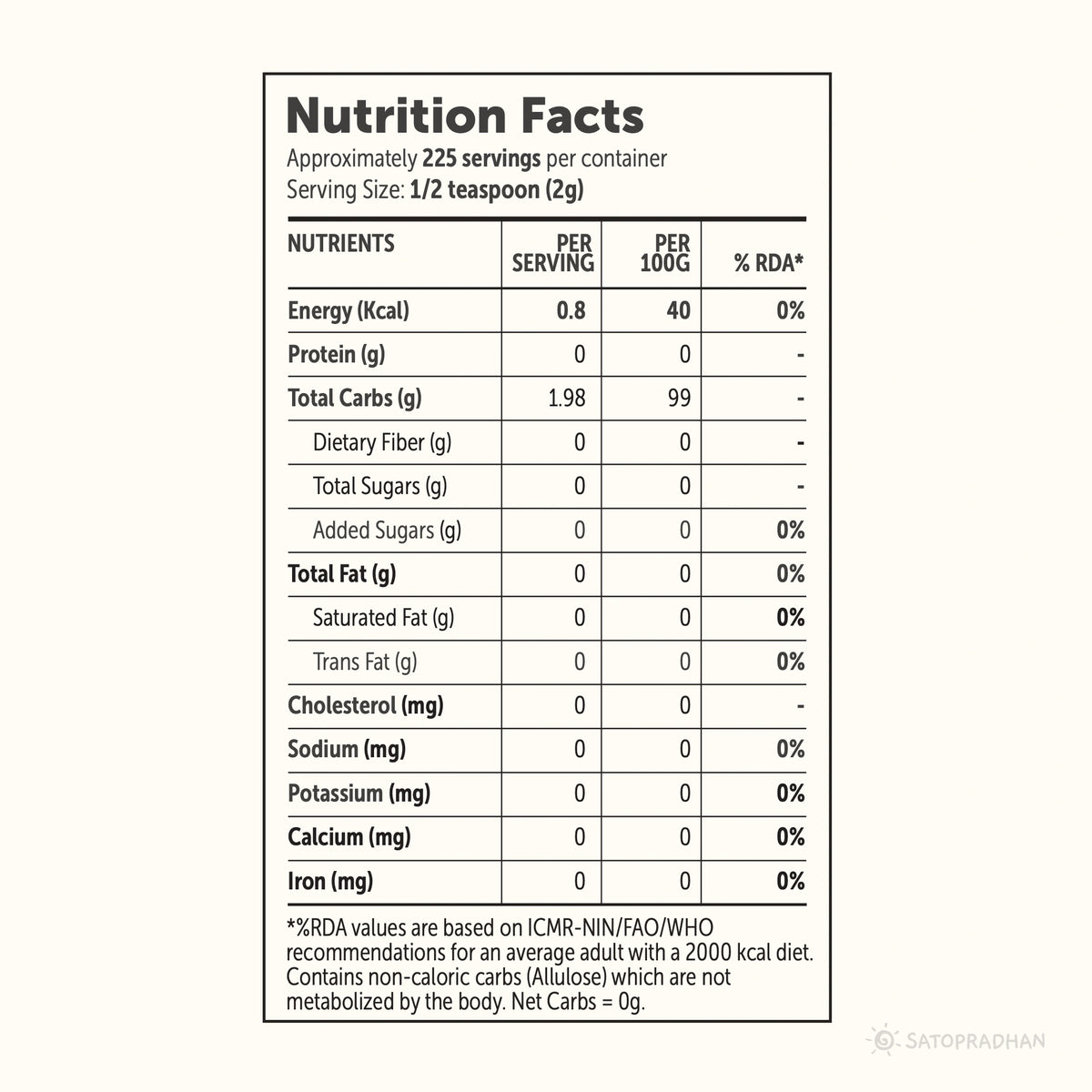 Monk Fruit Sweetener Powder with Allulose 450g - Plant-Based Sugar Substitute - Keto & Diabetic-Friendly - 1:2 Sugar Replacer, Nutrition Facts