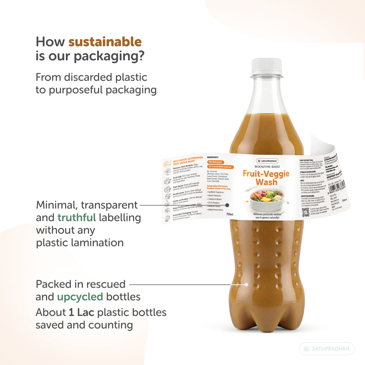 Natural Fruit & Vegetable Wash 750ml/1.9L - Bioenzyme-Based Produce Cleaner - Chemical-Free Vegetable Wash Liquid Cleaner