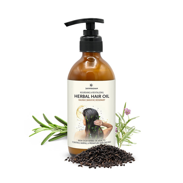 Herbal hair oil 200ml with Bakuchi, Kalonji, and organic rosemary oil, promoting hair growth and thickness. Non-sticky, plant-based, and eco-friendly formula for hairfall control and premature grey hair. Suitable for dry, wavy, and curly hair