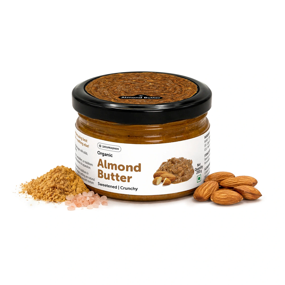 Organic Almond Butter Crunchy 200g - Sweetened with Jaggery - No Palm Oil - Roasted Almond Spread
