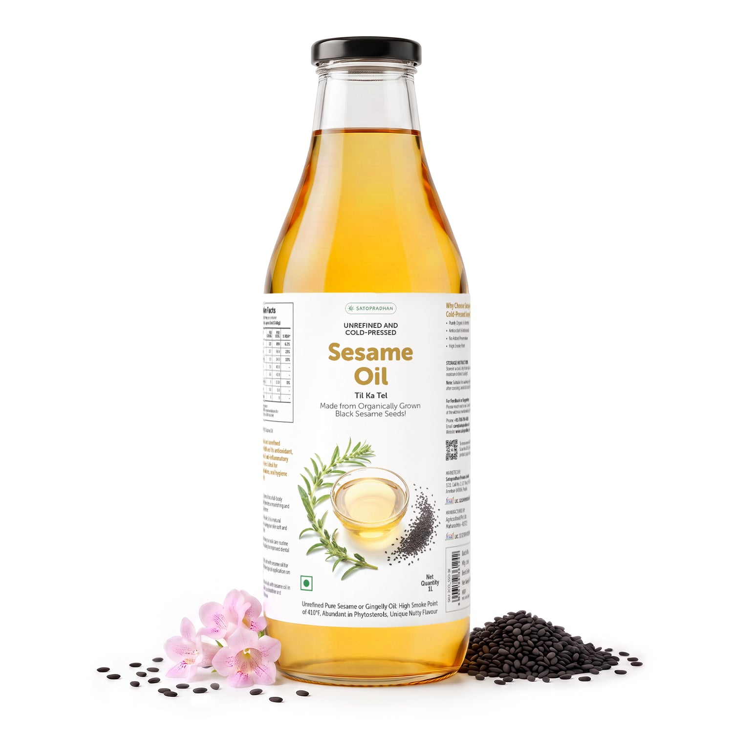 Sesame/Gingelly Oil 1000ml in reusable glass bottle - Pure & Wooden Cold-pressed without Chemicals - Extracted from Black Sesame Seeds | Meetha Tel