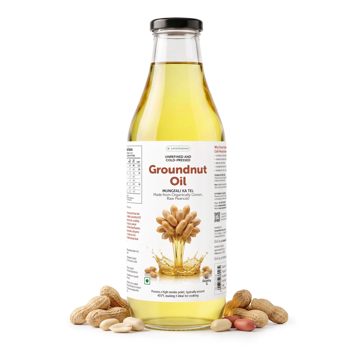 Organic Groundnut/Peanut Oil - Mungfali Ka Tel 1000 ml - Pure, Unrefined, Single-Filtered, Virgin & Wooden Cold-pressed | No Preservatives | Packed in a Reusable Glass Bottle | Kacchi Ghani