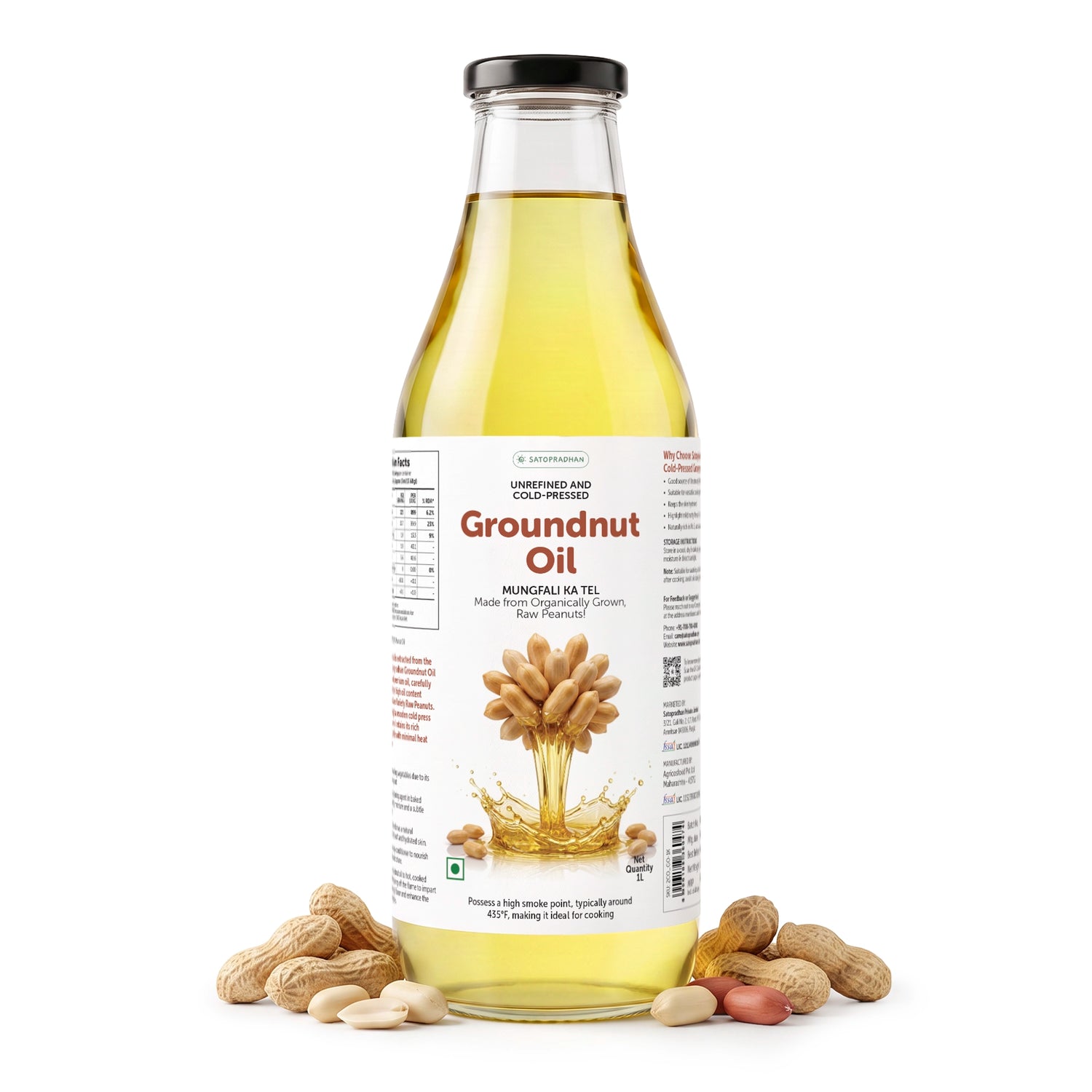 Organic Groundnut/Peanut Oil - Mungfali Ka Tel 1000 ml - Pure, Unrefined, Single-Filtered, Virgin & Wooden Cold-pressed | No Preservatives | Packed in a Reusable Glass Bottle | Kacchi Ghani