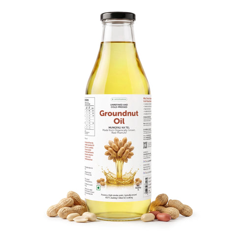 Organic Groundnut/Peanut Oil - Mungfali Ka Tel 1000 ml - Pure, Unrefined, Single-Filtered, Virgin & Wooden Cold-pressed | No Preservatives | Packed in a Reusable Glass Bottle | Kacchi Ghani