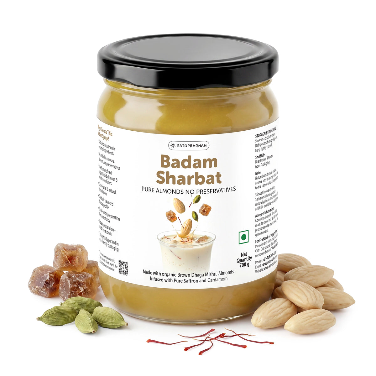 Kesar Badam Sharbat 700g - Organic Almond Syrup - Badam Drink Concentrate - Sweetened with Brown Dhaga Mishri