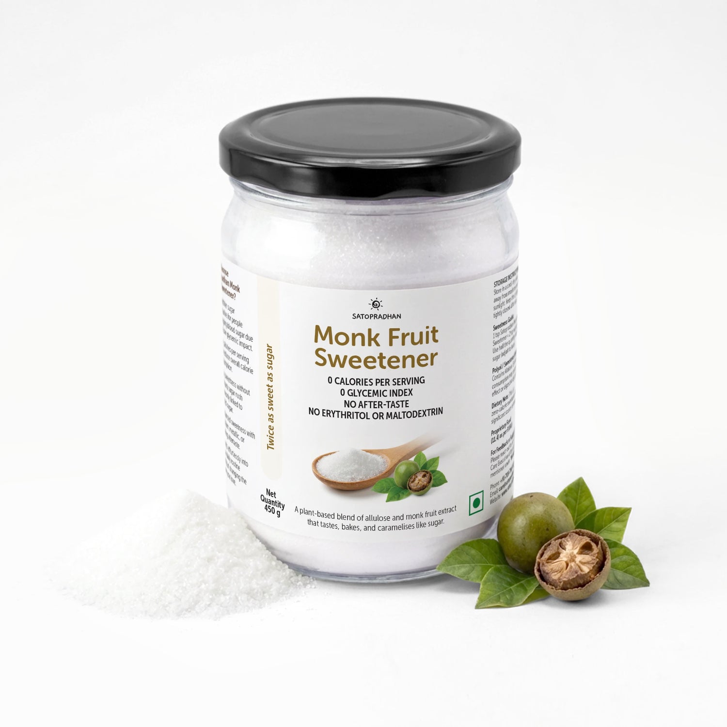 Monk Fruit Sweetener Powder with Allulose 450g - Plant-Based Sugar Substitute - Keto & Diabetic-Friendly - 1:2 Sugar Replacer