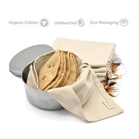 Chapati/Roti Wrap Cloth - Set of 6 Organic Cotton Roti Cover Rumals for Tiffin 12”x13” | Reusable Food Wrap | GOTS Certified Organic Cotton