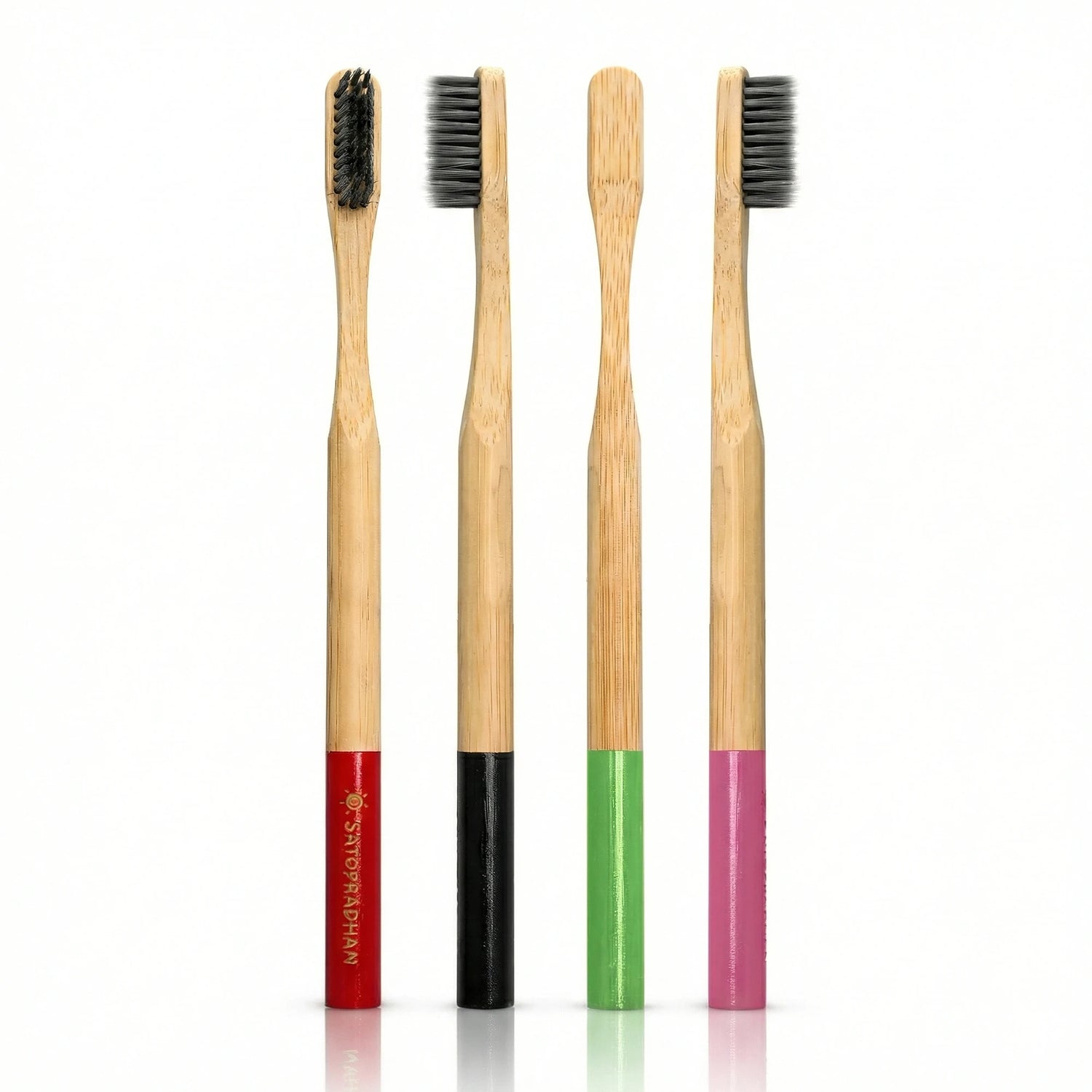 Toothbrushes - Set of 4 with Bamboo Handles & Biodegradable Bristles - Colored markings for easier identification