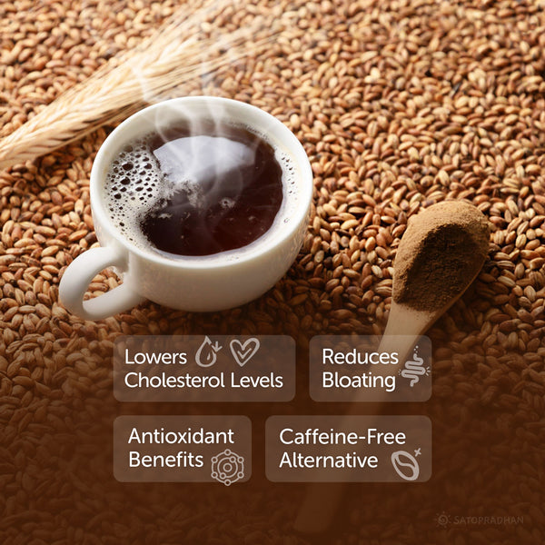 lowers cholesterol levels, reduces bloating, an antioxidant, caffeine-free alternative